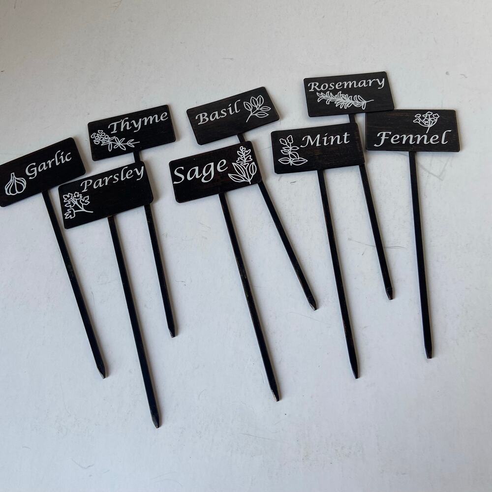 8 Herb Plant Label Identification Metal Garden Marker Stakes Wood Grain  7.5"
